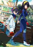  1boy 1girl black_hair blue_gakuran blueberry_academy_school_uniform brother_and_sister carmine_(pokemon) colored_inner_hair crossed_bangs eyelashes gloves hair_between_eyes hairband highres hsin jacket kieran_(pokemon) long_hair long_sleeves mole mole_under_eye multicolored_hair pokemon pokemon_sv poltchageist purple_hair red_gloves red_hair school_uniform sentret short_hair shorts siblings single_glove smile two-tone_hair white_jacket yellow_eyes yellow_hairband 