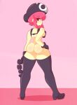  1girl absurdres ass belt belt_pouch black_belt black_footwear black_gloves black_hat black_thighhighs bottomless breasts closed_mouth dimples_of_venus from_behind gloves hat highres holding holding_belt jakuzure_nonon kill_la_kill limbros looking_at_viewer looking_back no_panties nudist_beach_uniform pink_background pink_eyes pink_hair pouch simple_background skull_print smile solo thighhighs y_shaped_butt_crack 