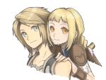  1boy 1girl blonde_hair blue_eyes braid brown_eyes closed_mouth final_fantasy final_fantasy_xii long_hair looking_at_viewer penelo simple_background smile twin_braids twintails vaan_(ff12) white_background 