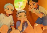  4boys aged_down annsmow black_hair blue_shirt blue_shorts bokuto_koutarou brown_eyes child clenched_teeth collared_shirt covering_own_mouth feet_out_of_frame finger_to_mouth haikyuu!! hide_and_seek highres hinata_shouyou hood hood_down hoodie hoshiumi_kourai male_focus multicolored_hair multiple_boys nishinoya_yuu playground playing shirt short_sleeves shorts shushing slit_pupils streaked_hair sweatdrop t-shirt teeth two-tone_hoodie white_hair white_shirt yellow_eyes 