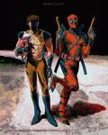  2boys amuii animal belt black_gloves bodysuit boots brown_hair claw_(weapon) deadpool deadpool_&amp;_wolverine deadpool_(series) dog dogpool dual_wielding elbow_gloves english_commentary full_body gloves gun handgun highres holding holding_animal holding_dog katana looking_at_viewer male_focus marvel marvel_cinematic_universe meme multiple_boys muscular red_bodysuit shaded_face sleeveless standing standing_on_one_leg superhero_costume sword sword_behind_back twitter_username two-tone_bodysuit weapon why_dis_ninja_look_so_mad_(meme) wolverine_(x-men) x-men yellow_belt yellow_bodysuit 