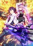  1girl absurdres amagiri_ayato black_dress black_hair black_legwear blue_eyes dress gakusen_toshi_asterisk highres holding holding_sword holding_weapon julis-alexia_von_riessfeld kawakami_tetsuya key_visual long_hair looking_at_viewer magic official_art pink_hair purple_eyes sword thighhighs weapon 