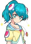  1girl :t alternate_hairstyle antennae blue_eyes blue_hair blush closed_mouth hagoromo_lala haru_(nature_life) jacket jewelry looking_at_viewer necklace pointy_ears ponytail precure shirt short_hair simple_background solo star star_in_eye star_twinkle_precure symbol_in_eye upper_body white_background white_shirt yellow_jacket 