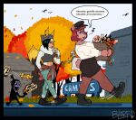 2024 absurd_res ambient_bird anthro autumn autumn_leaves bat beanie bear beverage blarf022 blarf_(blarf022) boots bottomwear brown_body brown_fur bubble_tea clothing crop_top denim denim_bottomwear denim_clothing female fishnet_clothing fishnet_legwear footwear french_text fur group halloween_decoration hat headgear headwear hi_res honduran_white_bat humanoid jeans kinx_(blarf022) leaf-nosed_bat legwear male mammal microbat midriff navel navel_piercing pants piercing sherry_bear_(blarf022) shirt shoes shorts singing sweater text topwear torn_bottomwear torn_clothing torn_jeans torn_pants trio vranda_von_bat_(blarf022) walking white_body white_fur yangochiropteran