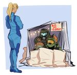  1girl absurdres armor artist_request ass assault_visor blonde_hair crossover dead_space doom_(series) doom_eternal doomguy halo_(series) helmet highres isaac_clarke long_hair master_chief metroid pillow praetor_suit samus_aran zero_suit 