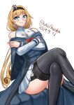 1girl absurdres blonde_hair blue_capelet blue_eyes blue_overskirt breasts capelet crossed_legs crown dated dress earrings flower hair_between_eyes hairband highres jewelry kantai_collection katou_shinobu long_hair long_sleeves looking_at_viewer low-tied_long_hair mini_crown necklace red_flower rose smile solo thighhighs twitter_username valiant_(kancolle) white_dress 