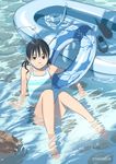  absurdres artist_name black_eyes black_hair blue_innertube comic_lo flat_chest highres innertube legs original short_hair sitting smile solo takamichi water 