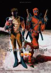  2boys absurdres amuii animal belt black_gloves bodysuit boots brown_hair claw_(weapon) deadpool deadpool_&amp;_wolverine deadpool_(series) dog dogpool dual_wielding elbow_gloves emoji english_text full_body gloves gun handgun hashtag-only_commentary highres holding holding_animal holding_dog katana male_focus marvel marvel_cinematic_universe meme multiple_boys muscular red_bodysuit shaded_face sleeveless standing standing_on_one_leg superhero_costume sword sword_behind_back twitter_username two-tone_bodysuit weapon why_dis_ninja_look_so_mad_(meme) wolverine_(x-men) x-men yellow_belt yellow_bodysuit 