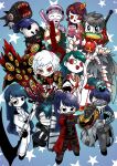  6+others :3 adoration_(e.g.o) apple aqua_hair bandages bandages_over_eyes black_coat black_eyes black_footwear black_hair blue_background blue_hair brown_hair coat colored_skin crimson_scar_(e.g.o) cup da_capo_(e.g.o) e.g.o_(project_moon) employee_(project_moon) extra_eyes food force_(4sk_force) fruit gauntlets gloves gold_rush_(e.g.o) greatsword grey_coat grey_pants halo hammer helmet holding holding_cup holding_hammer holding_scythe holding_sword holding_weapon jacket justitia_(e.g.o) lobotomy_corporation looking_at_another looking_at_viewer looking_to_the_side mask mimicry_(e.g.o) monocle multiple_others necktie open_mouth pants paradise_lost_(e.g.o) parted_bangs pink_(e.g.o) pink_helmet project_moon red_coat red_eyes red_footwear red_necktie scythe shoes simple_background single_gauntlet single_wing smile smile_(e.g.o) sound_of_a_star_(e.g.o) sparkling_eyes sword twilight_(e.g.o) v-shaped_eyebrows weapon white_gloves white_hair white_jacket white_pants white_skin wings 