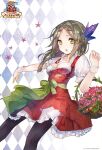  1girl :o argyle_background atelier_(series) atelier_firis basket black_pantyhose breasts brown_hair crystal_hair_ornament dress firis_mistlud flower flower_basket frilled_dress frills green_eyes holding holding_basket long_hair looking_at_viewer medium_breasts official_alternate_costume official_art open_mouth pantyhose pink_flower pink_rose puffy_short_sleeves puffy_sleeves red_dress rose shirt short_sleeves solo standing white_shirt wrist_cuffs yuugen 