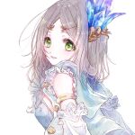  1girl atelier_(series) atelier_firis blue_jacket braid breasts brown_hair commentary_request crystal_hair_ornament detached_sleeves ebi_(shrimp0905) firis_mistlud green_eyes highres hood hood_down jacket long_hair looking_at_viewer open_mouth parted_bangs protected_link simple_background smile solo upper_body white_background 