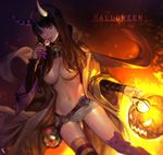  breasts ddongu halloween horns no_bra open_shirt thighhighs 