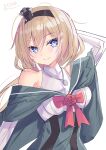  1girl absurdres blonde_hair blue_capelet blue_eyes blue_overskirt breasts capelet crown dress earrings flower hair_between_eyes hairband highres hizaka jewelry kantai_collection long_hair long_sleeves looking_at_viewer low-tied_long_hair mini_crown necklace red_flower rose signature smile solo twitter_username valiant_(kancolle) white_background white_dress 