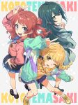  3girls antenna_hair black_overskirt blazer blue_overskirt blue_ribbon braid checkered_coat coat commentary_request double_bun fujita_kotone gakuen_idolmaster green_eyes green_hair green_shirt grey_coat hair_bun hair_flaps hanami_saki hatsuboshi_gakuen_school_uniform highres idolmaster jacket looking_at_viewer low_twin_braids multicolored_clothes multicolored_jacket multiple_girls namiko817 overskirt pink_jacket plaid_clothes plaid_coat ribbon school_uniform shirt tsukimura_temari twin_braids two_side_up v yellow_eyes yellow_shirt 
