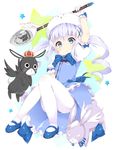  absurdres animal animal_on_head anko_(gochiusa) arm_up between_legs blue_bow blue_eyes blue_footwear blue_gk blue_ribbon bow bowtie bunny bunny_on_head dress eyebrows eyebrows_visible_through_hair full_body gloves gochuumon_wa_usagi_desu_ka? hair_ornament hand_between_legs highres holding holding_spoon kafuu_chino lace lace-trimmed_gloves long_hair looking_at_viewer magical_girl mary_janes on_head pantyhose ribbon shoes silver_hair solo spoon tippy_(gochiusa) twintails white_gloves white_legwear wild_geese 