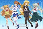  4girls ahoge animal_ears blonde_hair blush boots breasts brown_hair commentary_request einhard_stratos fate_testarossa full_body heterochromia looking_at_viewer lyrical_nanoha medium_breasts military_uniform multiple_girls pantyhose reaching reaching_towards_viewer san-pon school_uniform simple_background small_breasts takamachi_nanoha thighhighs twintails twitter_username vivid_strike! vivio 