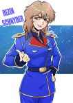  1girl artist_name belt brown_eyes brown_hair char&#039;s_counterattack character_name commentary_request gundam hand_on_own_hip highres military_uniform neo_zeon pointing pointing_at_viewer purple_lips rezin_schnyder saika_(pixiv43370196) science_fiction signature space star_(sky) 