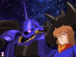  1girl absurdres brown_eyes brown_hair cable char&#039;s_counterattack commentary_request geara_doga geara_doga_(rezin_schnyder_custom) glowing glowing_eye gundam highres machinery mecha mobile_suit neo_zeon nyahoekaki1 one-eyed pink_lips portrait purple_eyes rezin_schnyder robot science_fiction signature space spacesuit star_(sky) upper_body 