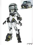  1girl :d arms_at_sides car colored_skin full_body helmet highres joints lordyanyu motor_vehicle original personification photo-referenced reference_inset robot_girl robot_joints smile solo standing teeth upper_teeth_only wheel white_skin 