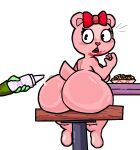 2024 accessory anthro bear big_butt bow_ribbon breasts butt chipmunk condiment digital_drawing_(artwork) digital_media_(artwork) duo female flippy_(htf) food fries giggles_(htf) ground_squirrel hair_accessory hair_bow hair_ribbon happy_tree_friends hi_res ketchup lewdewott looking_at_another looking_back looking_back_at_another male mammal open_mouth pie_cut_eyes raised_tail rear_view ribbons rodent sciurid simple_background sitting sitting_on_stool tail thick_thighs white_background