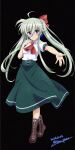  1girl blush boots breasts closed_mouth commentary_request einhard_stratos full_body grey_hair hair_between_eyes hair_ornament long_hair looking_at_viewer lyrical_nanoha reaching reaching_towards_viewer ribbon san-pon simple_background small_breasts smile solo twintails vivid_strike! 