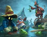  1girl 1other 2boys bridge cattail cloud cloudy_sky final_fantasy final_fantasy_ix freija_crescent frog gloves glowing glowing_eyes grass hat highres holding_frog long_tongue mcgmark mouse_girl multiple_boys open_mouth plant pond quina_quen sky splashing standing tall_grass toeless_footwear tongue vivi_ornitier zidane_tribal 