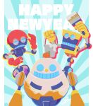  commentary_request cubot egg_pawn food food_on_head fruit fruit_on_head happy_new_year highres holding holding_paintbrush humanoid_robot mandarin_orange new_year object_on_head orbot paint_can paintbrush robot sonic_(series) syuon 
