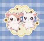  animal animal_focus blue_bow blush bow commentary english_commentary flower hair_bow hamster hamtaro hamtaro_(series) heart holding_hands no_humans patterned_background ribbon_(hamtaro) short_twintails smile sunflower twintails vampire_valentine whiskers 