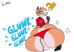 anthro big_butt breasts butt butt_expansion canid canine clothing displeased exclamation_point expansion female fox fur godamngothic hi_res hose_in_butt hose_inflation huge_butt hyper hyper_butt inflation kneeling liquid_inflation looking_back mammal onomatopoeia orange_body orange_fur pawpads paws question_mark randi_(xexeezy) rear_view red_clothing simple_background solo sound_effects surpised text tight_clothing water xexeezy