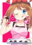  1girl ;) absurdres apron blue_eyes blush brown_hair chocolate chocolate_heart collarbone creatures_(company) eyebrows_visible_through_hair floral_print food game_freak haruka_(pokemon) heart heart-shaped_food highres holding holding_food long_hair looking_at_viewer nintendo one_eye_closed pink_apron pokemon pokemon_(game) pokemon_oras print_apron sleeveless smile solo upper_body yuihiko 