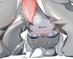 anthro blue_eyes blush bodily_fluids canid canine changed_(video_game) cheesefries erection fish genital_fluids genitals goo_creature grey_body hair male mammal marine multicolored_body open_mouth shark shark_tail simple_background tail tears the_shark_(changed) tongue white_hair