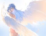  1boy angel_wings ass blue_eyes blue_hair closed_mouth commentary completely_nude edmond_(nu_carnival) falling_feathers feathered_wings feathers hashtag-only_commentary highres light_blue_hair light_particles long_hair looking_to_the_side male_focus nipples nu_carnival nude pectorals solo white_feathers white_wings wings your_yanjiu 