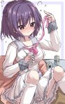  1girl 9-nine- absurdres alternate_costume beer_can black_hair blush bow braid breasts can closed_mouth commentary crown_braid dress drink_can drunk eyes_visible_through_hair feet_out_of_frame frilled_dress frills hair_between_eyes happy highres holding holding_can holding_ribbon impossible_clothes kneehighs knees_up large_breasts long_sleeves medium_hair naruse_satsuki nose_blush pink_bow pink_ribbon pleated_dress purple_eyes ribbon school_uniform simple_background sitting sketch smile socks solo tatika714 white_background white_dress white_socks 