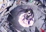  black_hair breasts cleavage crater date_a_live dress eyebrows eyebrows_visible_through_hair from_above highres long_hair looking_at_viewer looking_up medium_breasts official_art purple_eyes solo tsunako yatogami_tooka 