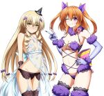  2girls animal_ears artoria_pendragon_(fate) artoria_pendragon_(lancer_alter)_(fate) artoria_pendragon_(lancer_alter)_(royal_icing)_(fate) artoria_pendragon_(lancer_alter)_(royal_icing)_(fate)_(cosplay) babydoll black_garter_belt black_panties black_thighhighs blonde_hair breasts chantez_apinion choker cosplay elbow_gloves embarrassed fabia_crozelg fate/grand_order fate_(series) flat_chest fur-trimmed_gloves fur-trimmed_legwear fur_bikini fur_collar fur_trim garter_belt gloves hair_between_eyes halloween_costume highres jewelry lace-trimmed_legwear lace_trim lingerie long_hair looking_at_viewer lyrical_nanoha mahou_shoujo_lyrical_nanoha_vivid mash_kyrielight mash_kyrielight_(dangerous_beast) mash_kyrielight_(dangerous_beast)_(cosplay) medium_breasts medium_hair multiple_girls navel necklace o-ring o-ring_top one_eye_closed orange_hair oshimaru026 panties purple_eyes purple_gloves purple_thighhighs revealing_clothes see-through_clothes smile snowflake_print thighhighs twintails underwear v very_long_hair wolf_ears yellow_eyes 