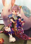  absurdres animal animal_on_shoulder blue_ribbon bow bunny fan fukahire_(ruinon) hair_bow hair_ribbon highres holding holding_fan japanese_clothes kimono kneeling looking_at_viewer original red_eyes ribbon sash short_hair silver_hair solo yukata 