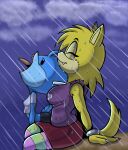 anthro beady_eyes blue_body bottomwear boy_shorts clothing duo ellie_the_wolf eyes_closed fan_character female fours_(artist) happy hi_res humor legwear meme open_mouth raining sega sitting skirt skitter_the_gecko sleeveless_hoodie small_shirt sonic_the_hedgehog_(series) thigh_highs underwear wet wet_body wet_clothing yellow_body