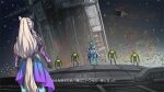  2girls 4boys animal_ears armor armored_core armored_core_6 biwa_hayahide_(engineered_victory)_(umamusume) christophe_lemaire clone commentary_request debris dialogue_box ear_covers from_behind g5_iguazu_(armored_core_6) highres horse_ears horse_girl horse_tail light_brown_hair long_hair mecha_umamusume_st-2_(umamusume) multiple_boys multiple_girls ponytail purple_skirt robot_boy robot_girl scene_reference single_ear_cover skirt solokov_(okb-999) source_quote space space_station spoilers tail tail_through_clothes translated umamusume vambraces 