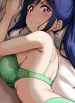  1girl blue_hair blush bra breasts close-up closed_mouth green_bra green_panties large_breasts long_hair looking_back love_live! love_live!_sunshine!! lying matsuura_kanan on_bed on_side panties ponytail purple_eyes sweat underwear yopparai_oni 