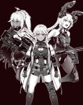  3girls animal_ears anti-materiel_rifle armored_leotard bare_shoulders bolt_action breasts cleavage cleavage_cutout closed_mouth clothing_cutout coat commentary_request covered_navel dark-skinned_female dark_skin expressionless fake_animal_ears feet_out_of_frame gauntlets girls&#039;_frontline_2:_exilium gun hair_between_eyes highres holding holding_sword holding_weapon knee_pads krolik_(girls&#039;_frontline_2) leotard limited_palette long_hair looking_at_viewer mechanical_ears multiple_girls nemesis_(girls&#039;_frontline_2) open_clothes open_coat open_mouth ots-14_(girls&#039;_frontline) ouga_(user_ctzw2237) playboy_bunny rabbit_ears rifle scope sig_san_511 simple_background single_knee_pad sniper_rifle standing sword tactical_playboy_bunny teeth upper_teeth_only weapon 
