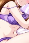  1girl blush bra breasts brown_hair close-up closed_mouth konoe_kanata large_breasts long_hair love_live! love_live!_nijigasaki_high_school_idol_club lying navel on_side panties pillow purple_bra purple_panties smile strap_slip underwear yopparai_oni 
