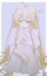  1girl antenna_hair arm_support cleavage_cutout closed_mouth clothing_cutout copyright_name dot_nose dress expressionless feet_out_of_frame flat_chest grey_background hair_ribbon highres jitome kasugano_sora kurobeko_(kur0bek0) long_hair long_sleeves looking_down ribbon sidelocks simple_background sitting sleeves_past_elbows solo twitter_username two-tone_background two_side_up very_long_hair white_background white_dress white_hair white_ribbon yellow_eyes yosuga_no_sora 