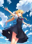  1girl air ascot black_dress black_ribbon blonde_hair blue_eyes blue_sky bow breasts cloud dress dutch_angle eyebrows_visible_through_hair floating_hair from_below guang_yiren hair_between_eyes hair_bow highres kamio_misuzu long_hair open_mouth outdoors outstretched_arms pinafore_dress ponytail red_neckwear ribbon shirt short_dress short_sleeves sky sleeveless sleeveless_dress small_breasts solo standing sunlight very_long_hair white_bow white_feathers white_shirt 