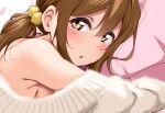  1girl alternate_hairstyle bare_shoulders blush breasts brown_hair close-up fuzzy_clothes kunikida_hanamaru looking_back love_live! love_live!_sunshine!! lying medium_hair on_stomach parted_lips pillow sideboob sweater twintails yellow_eyes yopparai_oni 