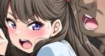  1boy 1girl angry behind_another blush brown_hair close-up fujishima_megumi hasu_no_sora_school_uniform hetero link!_like!_love_live! long_hair looking_back love_live! molestation open_mouth purple_eyes school_uniform sweat teeth yopparai_oni 