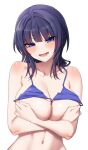  1girl asaka_karin bare_shoulders bikini bikini_top_lift blue_eyes blush breasts cleavage clothes_lift collarbone covering_breasts covering_privates crossed_arms highres large_breasts looking_at_viewer love_live! love_live!_nijigasaki_high_school_idol_club lower_teeth_only medium_hair mole mole_on_collarbone nasuno_(nasuno42) navel open_mouth purple_bikini purple_hair simple_background smile solo stomach swimsuit teeth tongue white_background 