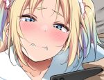  1boy 1girl blackmail blue_eyes blush clenched_teeth close-up distress half-closed_eyes hasu_no_sora_school_uniform link!_like!_love_live! love_live! multicolored_hair osawa_rurino phone school_uniform sweat tearing_up teeth yopparai_oni 