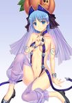 arm_support banned_artist blue_eyes blue_hair breasts chu_x_chu_idol cleavage collarbone eyebrows_visible_through_hair highres hiyori_pixie index_finger_raised looking_at_viewer n.g. navel pumpkin see-through short_hair_with_long_locks sideboob sitting small_breasts solo 