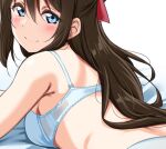  blue_eyes blush bow bra breasts brown_hair close-up closed_mouth hair_bow long_hair looking_back love_live! love_live!_nijigasaki_high_school_idol_club lying medium_breasts on_stomach osaka_shizuku panties smile underwear white_bra white_panties yopparai_oni 