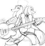  anthro bass bass_guitar big_breasts breasts canine clothing dog duo eyewear female fur guitar hair hi_res holding_musical_instrument hyper_hips mammal musical_instrument playing_guitar playing_music simple_background smile sssonic2 sunglasses white_background 